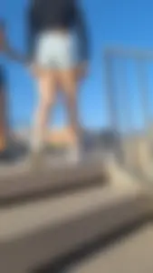 Upshot short shorts going up the stairs