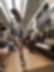 Cute And Slightly Awkward Tall Teen Girl in a Top and Denim Shorts Subway Train Candid Photos