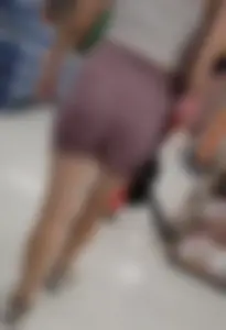 Cute butt Blonde VPL at Wal-Mart in pink biker shorts (OC)