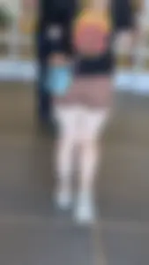 Cute petite bubble blonde hair in short brown spandex. OC