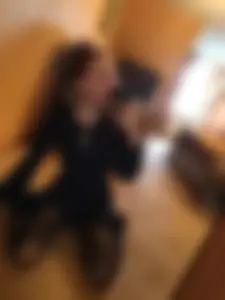Girl in a Dress and Black Pantyhose Standing on Knees on the Floor with Spread Legs - Mirror Selfie in Bedroom