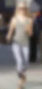 Hot blonde in light leggings after getting Starbucks