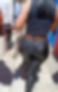 Mexican MILF in leather pants with big round ass showing thong - Oc