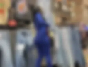 Thick mesmerizing ebony in a tight blue one piece