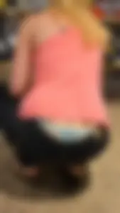 Squatting Candid Blonde With Blue Whaletail Panties Sticking From Under Jeans Store Creepshot