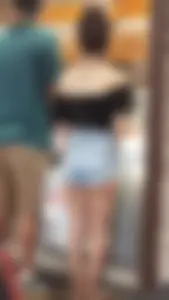 Tight Asian girl in small jean short shorts and crop top showing cheek! OC!