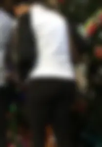 Christmas store girl with a nice booty in leggings with vpl