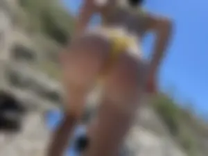 Perfect Sexy Butt in Yellow Swimsuit Closeup Creepshots  at the Beach