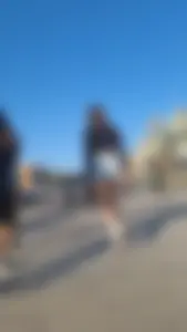 Upshot short shorts going up the stairs