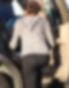 Skinny teen in leggings with vpl in the parking lot