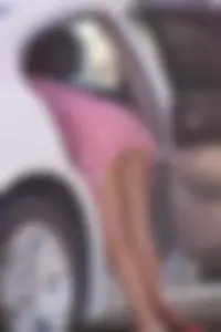 Sexy blonde upskirted in pink dress while cleaning her car