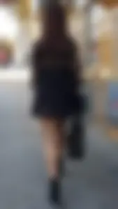Hot candid masked girl wearing a dress and fishnet pantyhose street creepshots, nice cleavage too