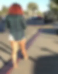 Big boobed redhead walking with no shoes and in shorts
