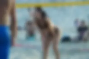 Hot Tattooed Girl in Black Swimsuit Playing Volleyball on the Beach Creepshot Photos Gallery