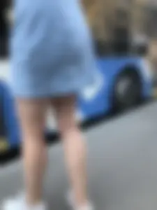 Girl in a Denim Dress and Sneakers with Nice Legs on the Bus Stop Candid Photo Gallery