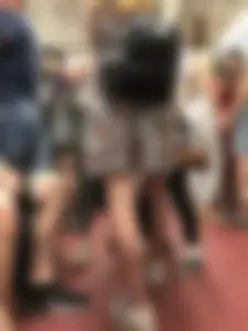 Girl in Striped Dress with Hearts Pattern Skinny Legs Subway Closeup Creepshot