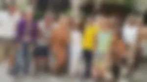 Only one is nude - group photos where only 1 girl is naked, and the rest of the people are dressed