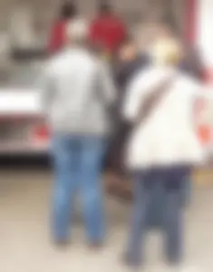 Phat short-haired milf wearing blue jeans at the street market, a street creepshot