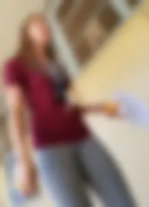 College student in grey leggings almost with camel toe showing