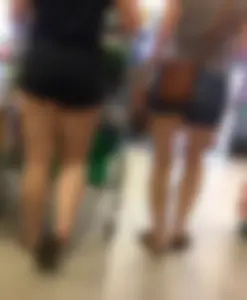 Big booty daughter in spandex shorts shopping with mom in denim shorts
