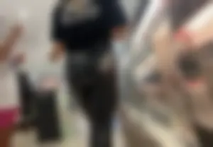 Pretty blonde pawg in black leather leggings