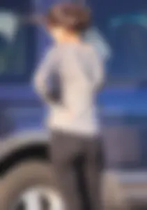 Skinny teen in leggings with vpl in the parking lot