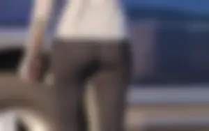 Skinny teen in leggings with vpl in the parking lot