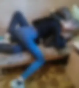 Teens in Tight Jeans Fooling Around in Bed Candid