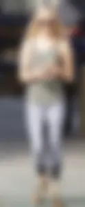 Hot blonde in light leggings after getting Starbucks