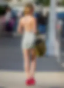 Skinny Girl in Sunglasses With Thin Long Legs in Red High-Heeled Shoes Street Candid Photo