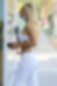 Alexis Ren at Moon Juice with hard nipples and a great ass in white tight sweats