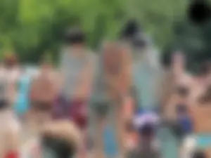 Cheetah thong wearing topless milf at the pool