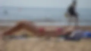 Flat-Chested Girl in Swimsuit and Her Friend on the Beach Hot Candid Photo