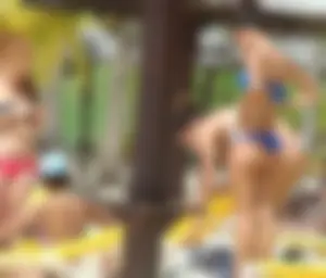 Amazing ebony ass in blue bikini with other sexy friends in bikinis