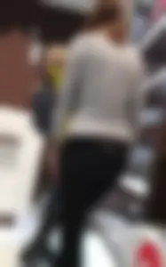 Big booty employee in tight black jeans with slight vpl