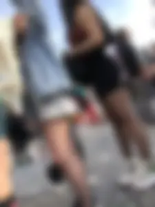 Sexy booty in tight shorts and legs in black pantyhose street creepshot