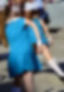 Skinny Teens in Blue Dresses And Knee Socks Dancing on the Street, Accidental Panties Flash