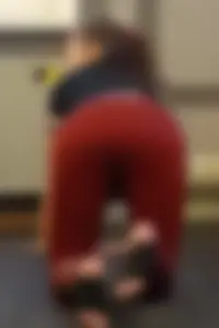 Candid Girl in Red Tights And Socks Working Out, Doggy Style on the Yoga Mat