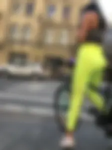 Girl in Bright Yellow Tights On a Bike Standing on a Crosswalk, Hot Ass VPL Street Creepshots