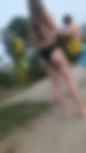 beautiful tight brunette hair girl in black bikini. OC