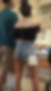 Tight Asian girl in small jean short shorts and crop top showing cheek! OC!