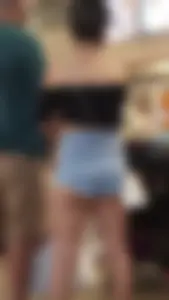 Tight Asian girl in small jean short shorts and crop top showing cheek! OC!