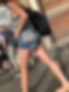 Girl in Denim Mini Shorts and Sandals With Sexy Legs And Feet Street and Subway Photos