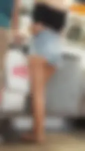 Tight Asian girl in small jean short shorts and crop top showing cheek! OC!