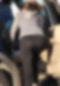 Skinny teen in leggings with vpl in the parking lot