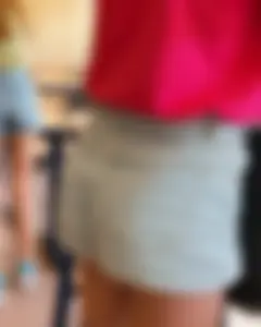 Amazing college teen in jean mini shorts bending over desk