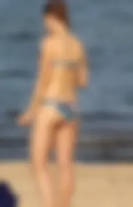 Blue floral bikini babe on the beach