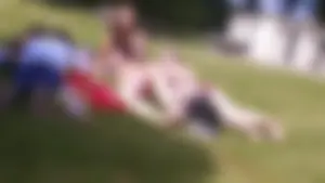 Group of bikini girls laying around at the park busted