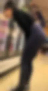 Girl with glasses shopping in leggings showing her VPL
