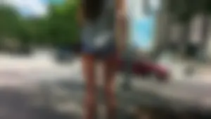 Girl With a Very Flat Ass Adjusting Her Jean Mini-Shorts And Touching Her Long Slim Legs